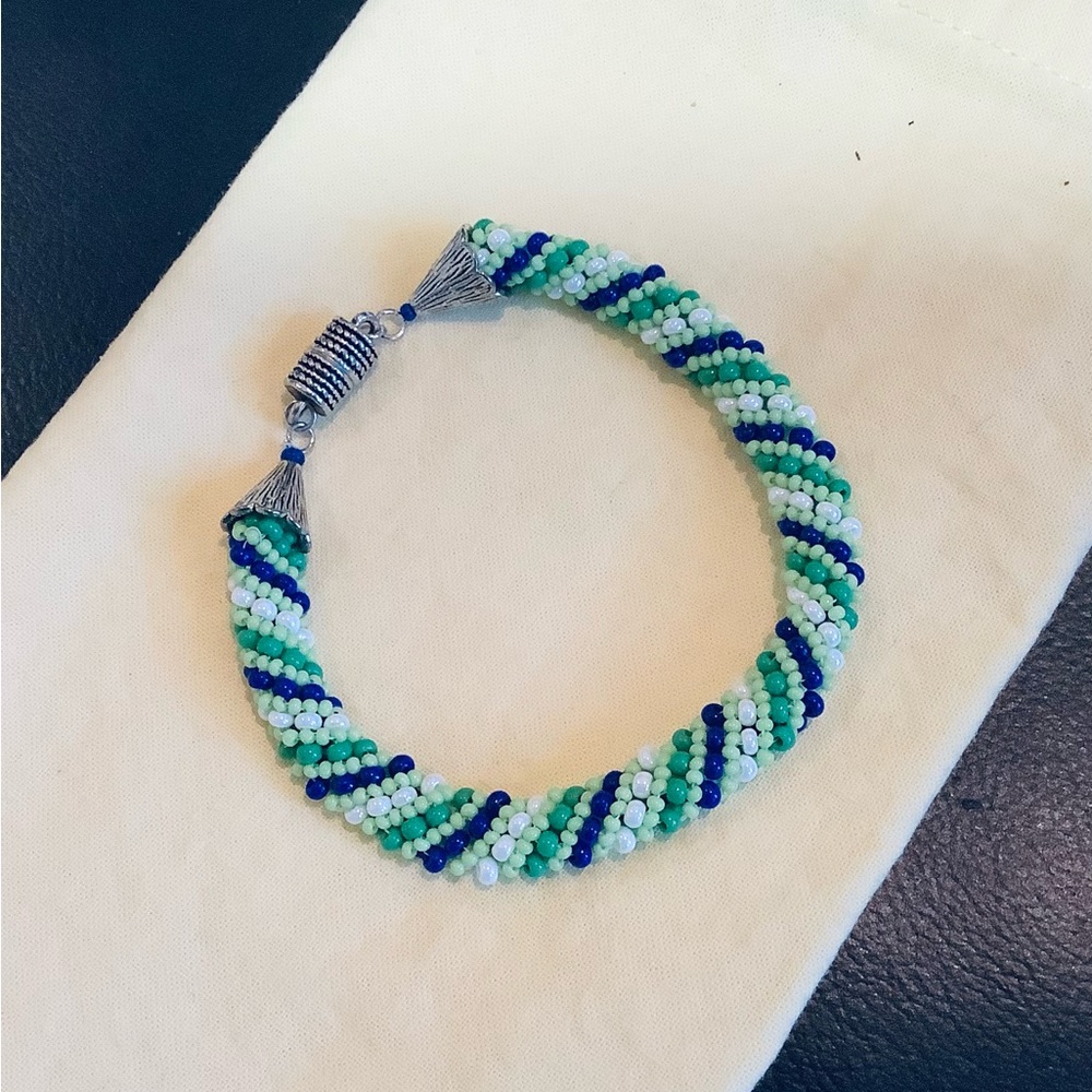 Elegant Handmade Beaded Bracelet in Blue, Green and Pearl